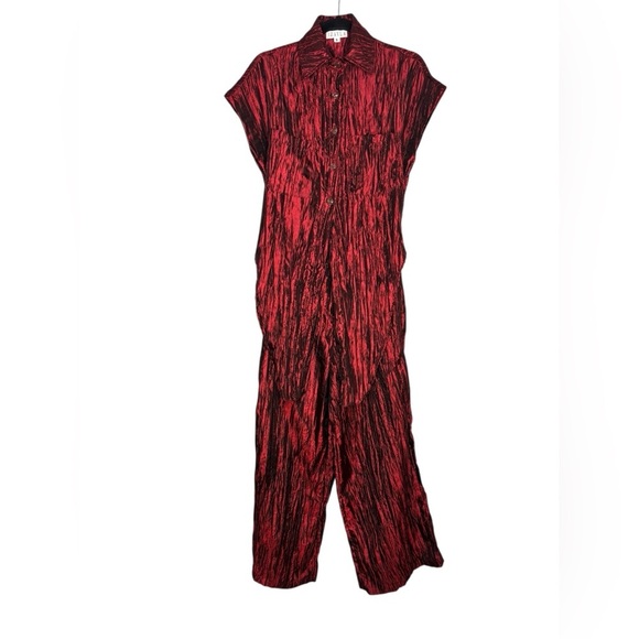 Izayla Wide Leg Short Sleeve Red Black Button Front Crinkle Tie Front Jumpsuit S - Picture 1 of 16